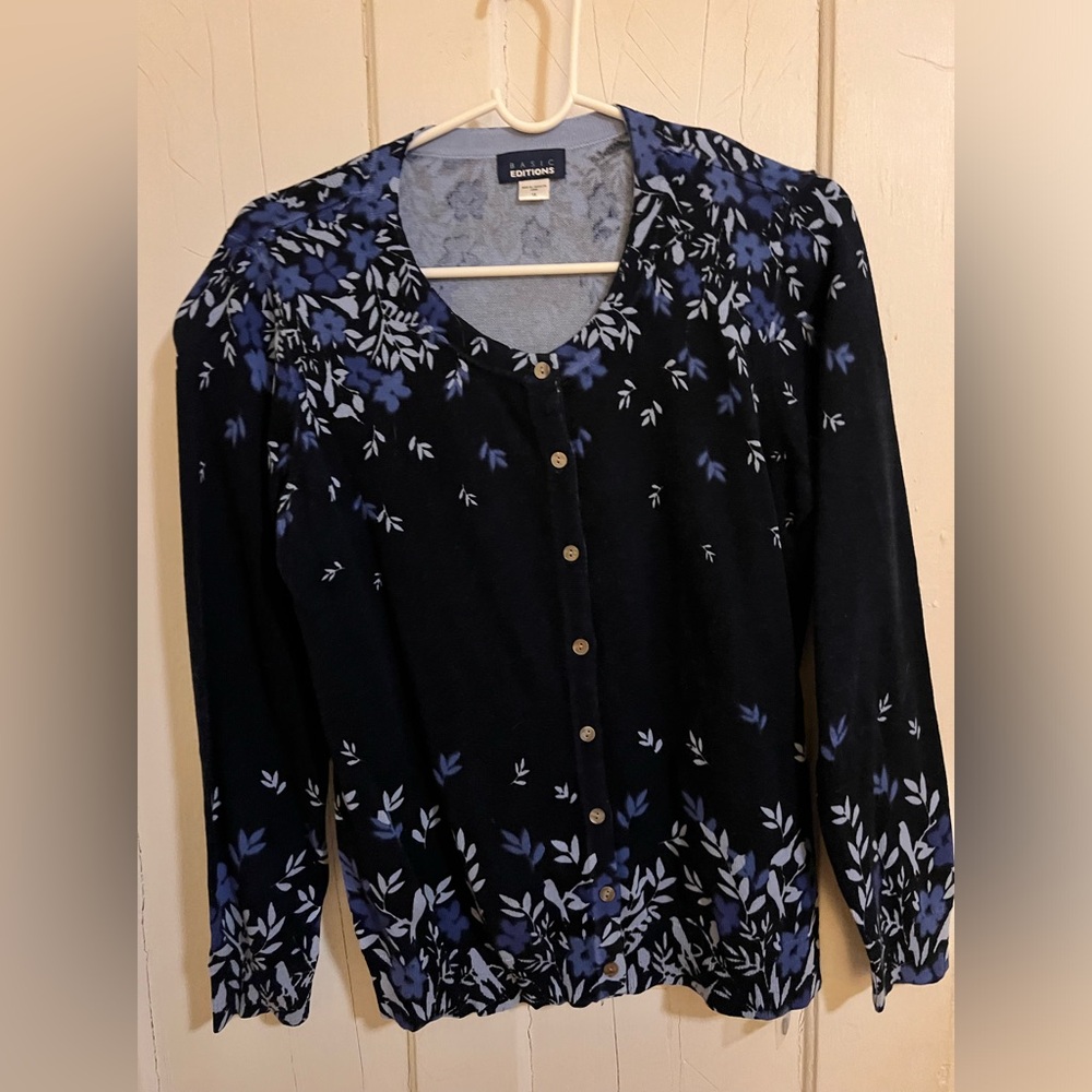 Basic Editions Women's Cardigan Sweater Size 1X Floral Cotton Blue